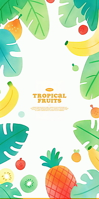 PSD 일러스트 딸기 수채화 프레임 바나나 키위 사람없음 연두색 파인애플 망고 열대잎 카피스페이스 트로피컬아트 국내일러스트 잎 과일 초록색 공백 열대과일 그림 파일형식