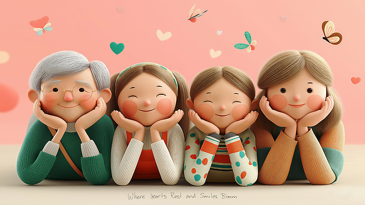 JPG 편집이미지 여자 노년 남자 어린이 엎드리기 나비 가족 미소 소녀 여러명 성인 3D 턱괴기 안경낌 편집3D AI컴퓨터그래픽 AI콘텐츠 안경 다수 곤충 관계 모션 표정 사람 디지털합성 파일형식