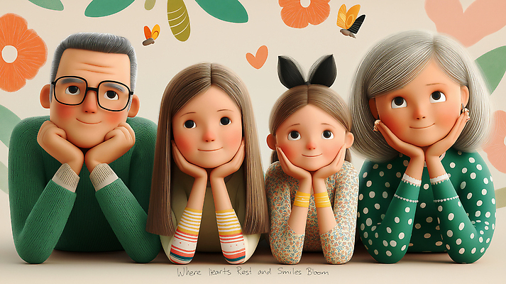 JPG 편집이미지 여자 남자 꽃 어린이 엎드리기 중년 나비 가족 청소년 미소 소녀 여러명 3D 턱괴기 머리띠 안경낌 편집3D AI컴퓨터그래픽 AI콘텐츠 식물 안경 다수 곤충 장신구 관계 모션 표정 사람 성인 디지털합성 파일형식