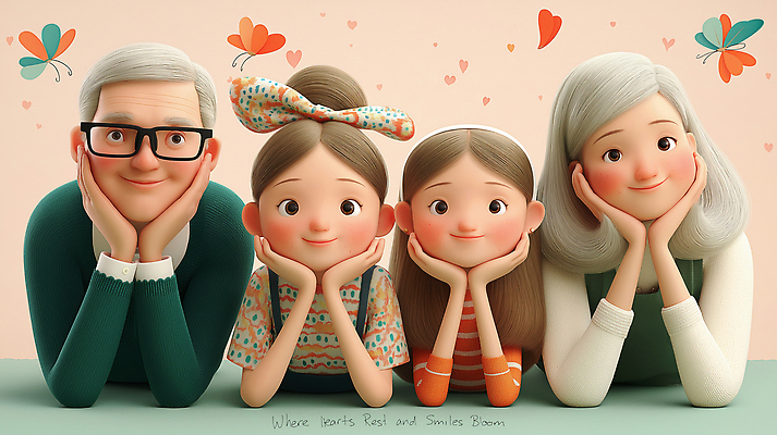 JPG 편집이미지 여자 노년 남자 어린이 엎드리기 나비 가족 미소 소녀 여러명 3D 턱괴기 하트 천사머리띠 안경낌 편집3D AI컴퓨터그래픽 AI콘텐츠 모양 안경 다수 곤충 관계 모션 표정 사람 성인 머리띠 디지털합성 파일형식