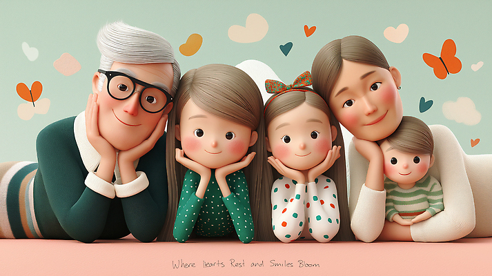 JPG 편집이미지 여자 남자 어린이 엎드리기 나비 가족 미소 소녀 소년 여러명 성인 3D 턱괴기 하트 안경낌 편집3D AI컴퓨터그래픽 AI콘텐츠 모양 안경 다수 곤충 관계 모션 표정 사람 디지털합성 파일형식