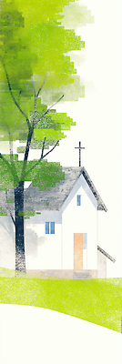 JPG 나무 세로배너 기독교 십자가 일러스트 수채화 그림자 풍경 잔디 사람없음 초록색 교회 마음 안식처 국내일러스트 AI일러스트 AI콘텐츠 식물 배너 종교 컬러 종교건축 휴식 건물 세로 파일형식