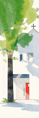 JPG 나무 세로배너 기독교 십자가 일러스트 수채화 그림자 풍경 사람없음 초록색 교회 마음 안식처 국내일러스트 AI일러스트 AI콘텐츠 식물 배너 종교 컬러 종교건축 휴식 건물 세로 파일형식