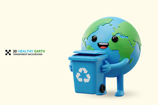 PSD 편집이미지 3D캐릭터 미소 들기 사람없음 3D 쓰레기통 지구의날 재활용표시 편집3D 지구캐릭터 캐릭터 기념일 지구 모션 표시 표정 재활용 디지털합성 파일형식