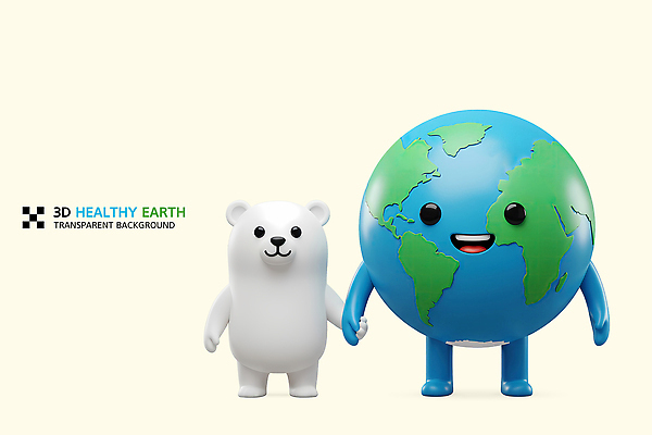 PSD 편집이미지 3D캐릭터 미소 사람없음 3D 손잡기 곰캐릭터 북극곰 지구의날 편집3D 지구캐릭터 캐릭터 기념일 지구 동물캐릭터 곰 모션 표정 디지털합성 파일형식