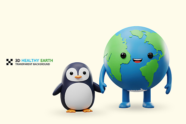 PSD 편집이미지 3D캐릭터 미소 사람없음 3D 손잡기 펭귄캐릭터 지구의날 편집3D 지구캐릭터 캐릭터 기념일 지구 동물캐릭터 모션 표정 디지털합성 펭귄 파일형식