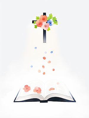 JPG 꽃잎 기독교 십자가 잎 일러스트 수채화 사람없음 빛 성경 펼침 흰색 떨어짐 은혜 성경말씀 국내일러스트 AI일러스트 AI콘텐츠 식물 꽃 종교 컬러 컨셉 종교용품 모션 파일형식