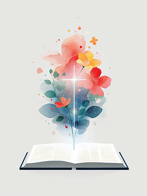 JPG 꽃잎 기독교 십자가 잎 일러스트 수채화 사람없음 빛 성경 펼침 흰색 떨어짐 은혜 성경말씀 국내일러스트 AI일러스트 AI콘텐츠 식물 꽃 종교 컬러 컨셉 종교용품 모션 파일형식