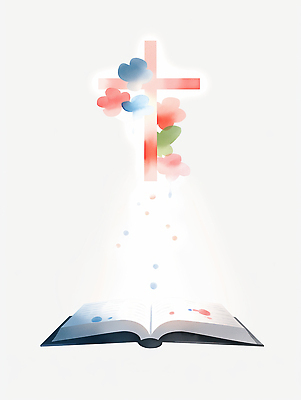 JPG 꽃잎 기독교 십자가 잎 일러스트 수채화 사람없음 빛 성경 펼침 흰색 떨어짐 은혜 성경말씀 국내일러스트 AI일러스트 AI콘텐츠 식물 꽃 종교 컬러 컨셉 종교용품 모션 파일형식