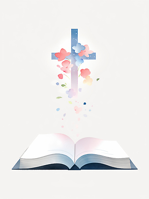 JPG 꽃잎 기독교 십자가 잎 일러스트 수채화 사람없음 빛 성경 펼침 흰색 떨어짐 은혜 성경말씀 국내일러스트 AI일러스트 AI콘텐츠 식물 꽃 종교 컬러 컨셉 종교용품 모션 파일형식