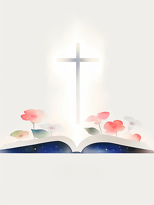 JPG 꽃 기독교 십자가 잎 일러스트 수채화 사람없음 빛 성경 펼침 흰색 떨어짐 은혜 성경말씀 국내일러스트 AI일러스트 AI콘텐츠 식물 종교 컬러 컨셉 종교용품 모션 파일형식