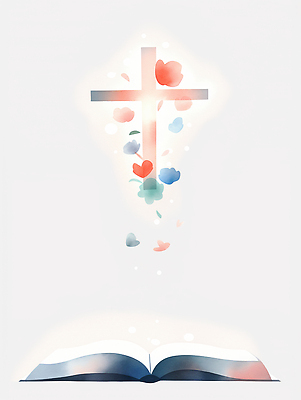 JPG 꽃잎 기독교 십자가 잎 일러스트 수채화 사람없음 빛 성경 펼침 흰색 떨어짐 은혜 성경말씀 국내일러스트 AI일러스트 AI콘텐츠 식물 꽃 종교 컬러 컨셉 종교용품 모션 파일형식