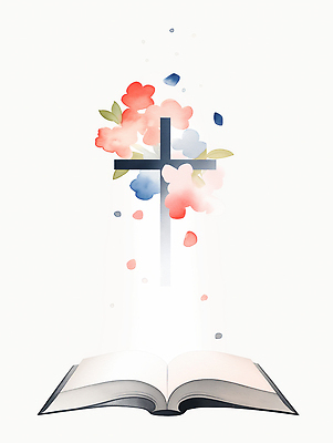 JPG 꽃잎 기독교 십자가 잎 일러스트 수채화 사람없음 빛 성경 펼침 흰색 떨어짐 은혜 성경말씀 국내일러스트 AI일러스트 AI콘텐츠 식물 꽃 종교 컬러 컨셉 종교용품 모션 파일형식