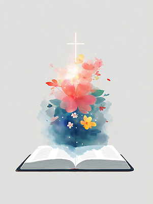 JPG 꽃잎 기독교 십자가 잎 일러스트 수채화 사람없음 빛 성경 펼침 흰색 떨어짐 은혜 성경말씀 국내일러스트 AI일러스트 AI콘텐츠 식물 꽃 종교 컬러 컨셉 종교용품 모션 파일형식