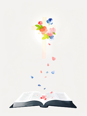 JPG 꽃잎 기독교 십자가 잎 일러스트 수채화 사람없음 빛 성경 펼침 흰색 떨어짐 은혜 성경말씀 국내일러스트 AI일러스트 AI콘텐츠 식물 꽃 종교 컬러 컨셉 종교용품 모션 파일형식