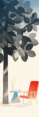 JPG 식물 세로배너 화분 여유 의자 일러스트 탁자 휴식 잔 한그루 사람없음 야외 평화 나무그늘 오후 국내일러스트 AI일러스트 AI콘텐츠 나무 1 식기 배너 감정 가구 컨셉 세로 그늘 파일형식