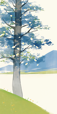 JPG 일러스트 자연 수채화 산 꽃나무 한그루 풍경 잔디 사람없음 연두색 언덕 국내일러스트 AI일러스트 AI콘텐츠 나무 식물 1 꽃 초록색 생태계 파일형식