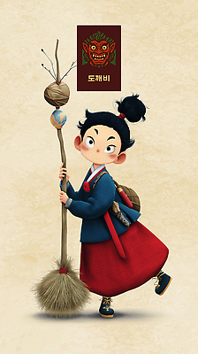 전신 PSD 전통 여자 어린이 일러스트 한명 소녀 잡기 한복 빗자루 도깨비문양 꼬마도깨비 다리들기 민담 소녀한명만 국내일러스트 1 한국전통 문양 모션 사람 전통의상 청소도구 도깨비 여자한명만 소녀만 파일형식