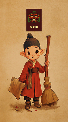 전신 PSD 전통 남자 어린이 일러스트 한명 미소 들기 소년 갈색 잡기 한복 천 빗자루 상투 도깨비문양 꼬마도깨비 민담 소년한명만 국내일러스트 1 한국전통 문양 컬러 모션 표정 사람 직물 전통의상 청소도구 도깨비 남자한명만 소년만 파일형식