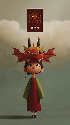 전신 PSD 모자 전통 여자 어린이 일러스트 한명 소녀 회색 올려보기 용 한복 도깨비문양 꼬마도깨비 민담 소녀한명만 국내일러스트 1 한국전통 문양 잡화 컬러 모션 사람 전통의상 도깨비 여자한명만 소녀만 파일형식