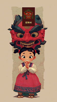 전신 PSD 전통 여자 어린이 일러스트 한명 미소 소녀 한복 손모으기 도깨비문양 꼬마도깨비 다홍색 민담 사자탈 소녀한명만 국내일러스트 1 한국전통 문양 컬러 표정 사람 손짓 전통의상 도깨비 탈 여자한명만 소녀만 파일형식