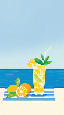 JPG 바다 하늘색 잎 일러스트 하늘 단면 빨대 그림자 사람없음 여름 레몬 레모네이드 레몬장식 음료수컵 테이블매트 국내일러스트 AI일러스트 AI콘텐츠 식물 계절 과일 장식 컵 파란색 식탁보 에이드 파일형식