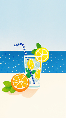 JPG 바다 하늘색 잎 일러스트 하늘 단면 빨대 그림자 사람없음 여름 레몬 레모네이드 레몬장식 음료수컵 국내일러스트 AI일러스트 AI콘텐츠 식물 계절 과일 장식 컵 파란색 에이드 파일형식