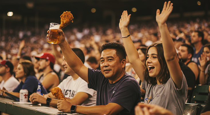JPG 편집이미지 여자 남자 응원 웃음 들기 여러명 성인 손들기 기쁨 군중 즐거움 야구경기 응원복 맥주잔 관람 야구장 의료성형뷰티 성인만 치맥 편집실사 AI인물포토 AI콘텐츠 옷 감정 다수 술잔 스포츠시설 모션 맥주 표정 사람 치킨 야구 CG 파일형식 AI포토