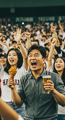 JPG 편집이미지 여자 남자 응원 웃음 들기 여러명 성인 손들기 기쁨 군중 즐거움 야구경기 응원복 맥주잔 관람 야구장 의료성형뷰티 성인만 치맥 편집실사 AI인물포토 AI콘텐츠 옷 감정 다수 술잔 스포츠시설 모션 맥주 표정 사람 치킨 야구 CG 파일형식 AI포토