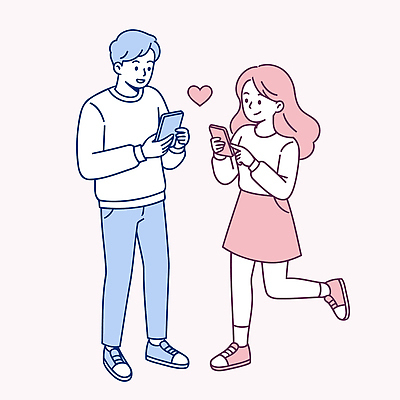 전신 커플 여자 남자 분홍색 일러스트 사랑 미소 들기 성인 두명 스마트폰 하트 연애 다리들기 문자메시지 설렘 채팅 성인만 일러캐릭터 AI파일 모양 캐릭터 감정 컬러 관계 모션 표정 사람 핸드폰 스마트기기 메시지 파일형식 벡터