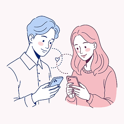 커플 여자 남자 분홍색 일러스트 사랑 미소 들기 상반신 성인 두명 스마트폰 하트 연애 문자메시지 설렘 채팅 성인만 일러캐릭터 AI파일 모양 캐릭터 감정 컬러 관계 모션 표정 사람 핸드폰 스마트기기 메시지 파일형식 벡터
