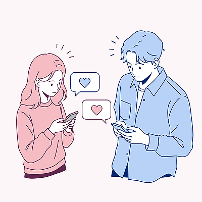 커플 여자 남자 분홍색 말풍선 일러스트 사랑 미소 들기 상반신 성인 두명 스마트폰 하트 연애 문자메시지 설렘 채팅 성인만 일러캐릭터 AI파일 모양 캐릭터 감정 컬러 관계 모션 표정 사람 핸드폰 스마트기기 메시지 파일형식 벡터