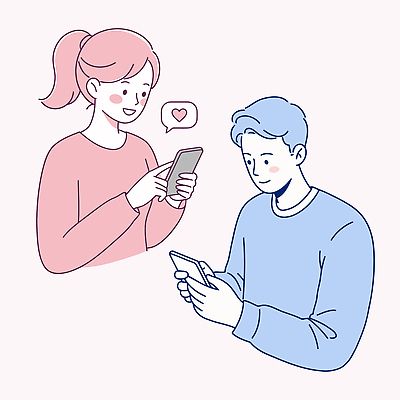 커플 여자 남자 분홍색 말풍선 일러스트 사랑 미소 들기 상반신 성인 두명 스마트폰 하트 연애 문자메시지 설렘 채팅 성인만 일러캐릭터 AI파일 모양 캐릭터 감정 컬러 관계 모션 표정 사람 핸드폰 스마트기기 메시지 파일형식 벡터