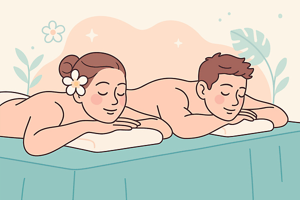 웰빙 여자 남자 꽃 엎드리기 잎 일러스트 베개 상반신 성인 두명 반짝임 눕기 뷰티 눈감음 스파 마사지 편안함 담요 힐링 아로마 테라피 살구색 피로회복 성인만 국내일러스트 AI파일 식물 컬러 침구 모션 사람 감각 회복 파일형식 벡터