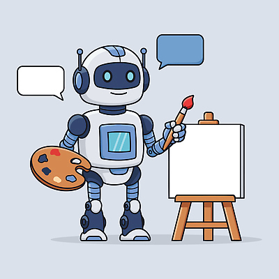 말풍선 일러스트 미래 미소 들기 사람없음 디지털 회색 붓 팔레트 로봇 이젤 캔버스 AI_인공지능 국내일러스트 AI파일 컬러 컨셉 모션 표정 미술도구 파일형식 벡터