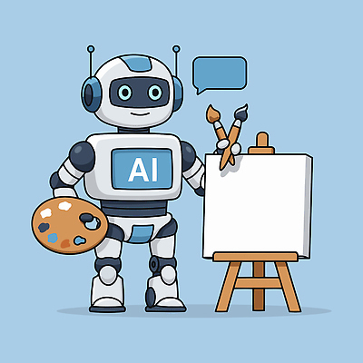하늘색 말풍선 일러스트 미래 미소 들기 사람없음 디지털 붓 팔레트 로봇 이젤 캔버스 AI_인공지능 국내일러스트 AI파일 컨셉 모션 표정 파란색 미술도구 파일형식 벡터
