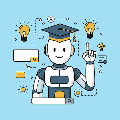 하늘색 일러스트 학사모 전구 미래 아이디어 미소 들기 사람없음 손들기 디지털 로봇 검색창 AI_인공지능 국내일러스트 AI파일 모자_잡화 컨셉 졸업 모션 표정 파란색 파일형식 벡터