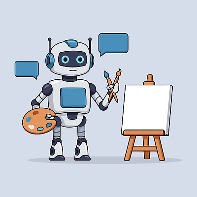 말풍선 일러스트 미래 미소 들기 사람없음 디지털 회색 붓 팔레트 로봇 이젤 캔버스 AI_인공지능 국내일러스트 AI파일 컬러 컨셉 모션 표정 미술도구 파일형식 벡터