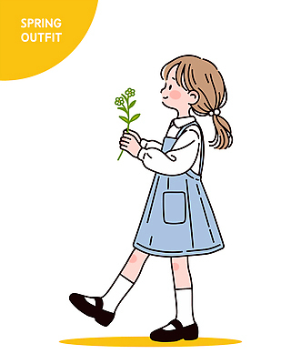 전신 여자 패션 꽃 어린이 일러스트 한명 미소 들기 소녀 노란색 걷기 니삭스 블라우스 단화 멜빵치마 봄옷 소녀한명만 일러캐릭터 AI파일 식물 캐릭터 1 옷 컬러 신발 상의 모션 양말 표정 사람 치마 봄 여성화 멜빵 여자한명만 소녀만 파일형식 벡터