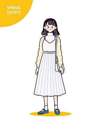 전신 여자 패션 일러스트 양말 한명 미소 성인 노란색 터틀넥 숄더백 단화 나시원피스 봄옷 성인여자한명만 일러캐릭터 AI파일 캐릭터 1 옷 원피스 컬러 신발 가방 표정 사람 봄 여성화 스웨터 여자한명만 성인여자만 파일형식 벡터