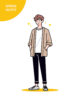 전신 패션 남자 운동화 일러스트 한명 미소 성인 반짝임 노란색 카디건 주머니손 긴바지 봄옷 성인남자한명만 일러캐릭터 AI파일 캐릭터 1 옷 컬러 신발 바지 모션 표정 사람 봄 외투 남자한명만 성인남자만 파일형식 벡터