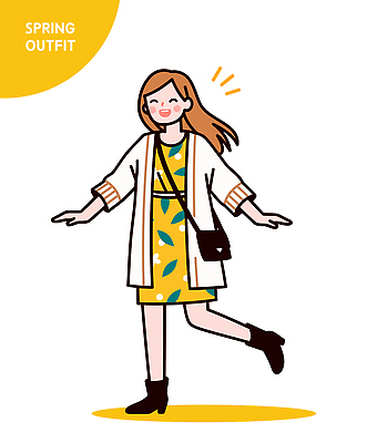 전신 여자 패션 일러스트 팔벌리기 한명 웃음 성인 노란색 크로스백 캐주얼원피스 다리들기 롱가디건 봄옷 앵클부츠 성인여자한명만 일러캐릭터 AI파일 캐릭터 1 옷 원피스 컬러 가방 모션 부츠 표정 사람 봄 카디건 여자한명만 성인여자만 파일형식 벡터
