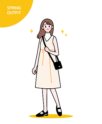 전신 여자 패션 일러스트 한명 미소 성인 반짝임 노란색 잡기 크로스백 단화 나시원피스 봄옷 성인여자한명만 일러캐릭터 AI파일 캐릭터 1 옷 원피스 컬러 신발 가방 모션 표정 사람 봄 여성화 여자한명만 성인여자만 파일형식 벡터