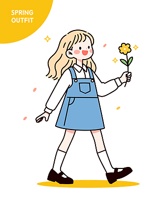 전신 여자 패션 꽃 어린이 일러스트 한명 미소 들기 소녀 반짝임 노란색 걷기 니삭스 블라우스 단화 멜빵치마 봄옷 소녀한명만 일러캐릭터 AI파일 식물 캐릭터 1 옷 컬러 신발 상의 모션 양말 표정 사람 치마 봄 여성화 멜빵 여자한명만 소녀만 파일형식 벡터