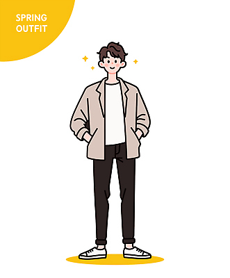 전신 패션 남자 운동화 일러스트 한명 미소 성인 반짝임 노란색 주머니손 긴바지 봄옷 하프자켓 흰티 성인남자한명만 일러캐릭터 AI파일 캐릭터 1 옷 컬러 신발 티셔츠 바지 모션 표정 사람 봄 재킷 남자한명만 성인남자만 파일형식 벡터