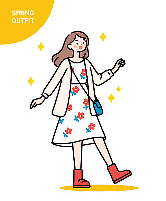 전신 여자 패션 일러스트 부츠 한명 미소 성인 반짝임 노란색 손들기 크로스백 캐주얼원피스 다리들기 롱가디건 봄옷 성인여자한명만 일러캐릭터 AI파일 캐릭터 1 옷 원피스 컬러 신발 가방 모션 표정 사람 봄 카디건 여자한명만 성인여자만 파일형식 벡터