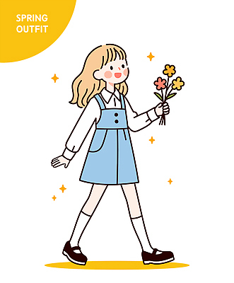 전신 여자 패션 꽃 어린이 일러스트 한명 미소 들기 소녀 반짝임 노란색 걷기 니삭스 블라우스 단화 멜빵치마 봄옷 소녀한명만 일러캐릭터 AI파일 식물 캐릭터 1 옷 컬러 신발 상의 모션 양말 표정 사람 치마 봄 여성화 멜빵 여자한명만 소녀만 파일형식 벡터