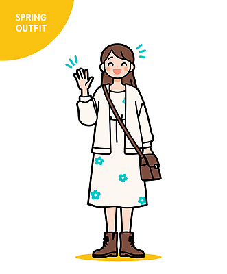 전신 여자 패션 일러스트 한명 웃음 성인 노란색 카디건 크로스백 손인사 캐주얼원피스 봄옷 성인여자한명만 일러캐릭터 AI파일 캐릭터 1 옷 원피스 컬러 가방 표정 사람 봄 외투 인사 여자한명만 성인여자만 파일형식 벡터