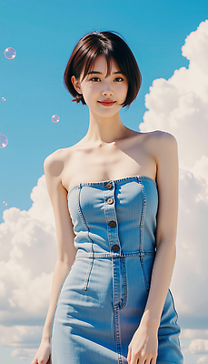 JPG 구름 모델 편집이미지 여자 포즈 하늘 한명 미소 성인 여름 맑음 단발머리 비눗방울 튜브탑원피스 청치마 뷰티풀 의료성형뷰티 성인여자한명만 편집실사 AI인물포토 AI콘텐츠 자연요소 1 헤어스타일 계절 원피스 날씨 표정 사람 치마 CG 여자한명만 성인여자만 파일형식 AI포토