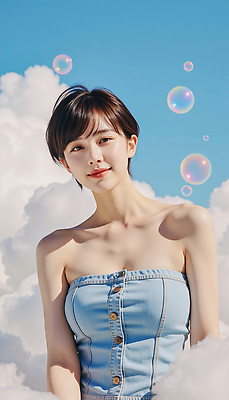 JPG 구름 모델 편집이미지 여자 포즈 하늘 한명 미소 상반신 성인 여름 맑음 단발머리 비눗방울 튜브탑원피스 청치마 뷰티풀 의료성형뷰티 성인여자한명만 편집실사 AI인물포토 AI콘텐츠 자연요소 1 헤어스타일 계절 원피스 날씨 표정 사람 치마 CG 여자한명만 성인여자만 파일형식 AI포토